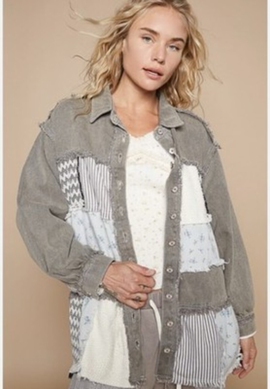 NWT POL Denim Patchwork Boho Button Up Shacket Gr… - image 1